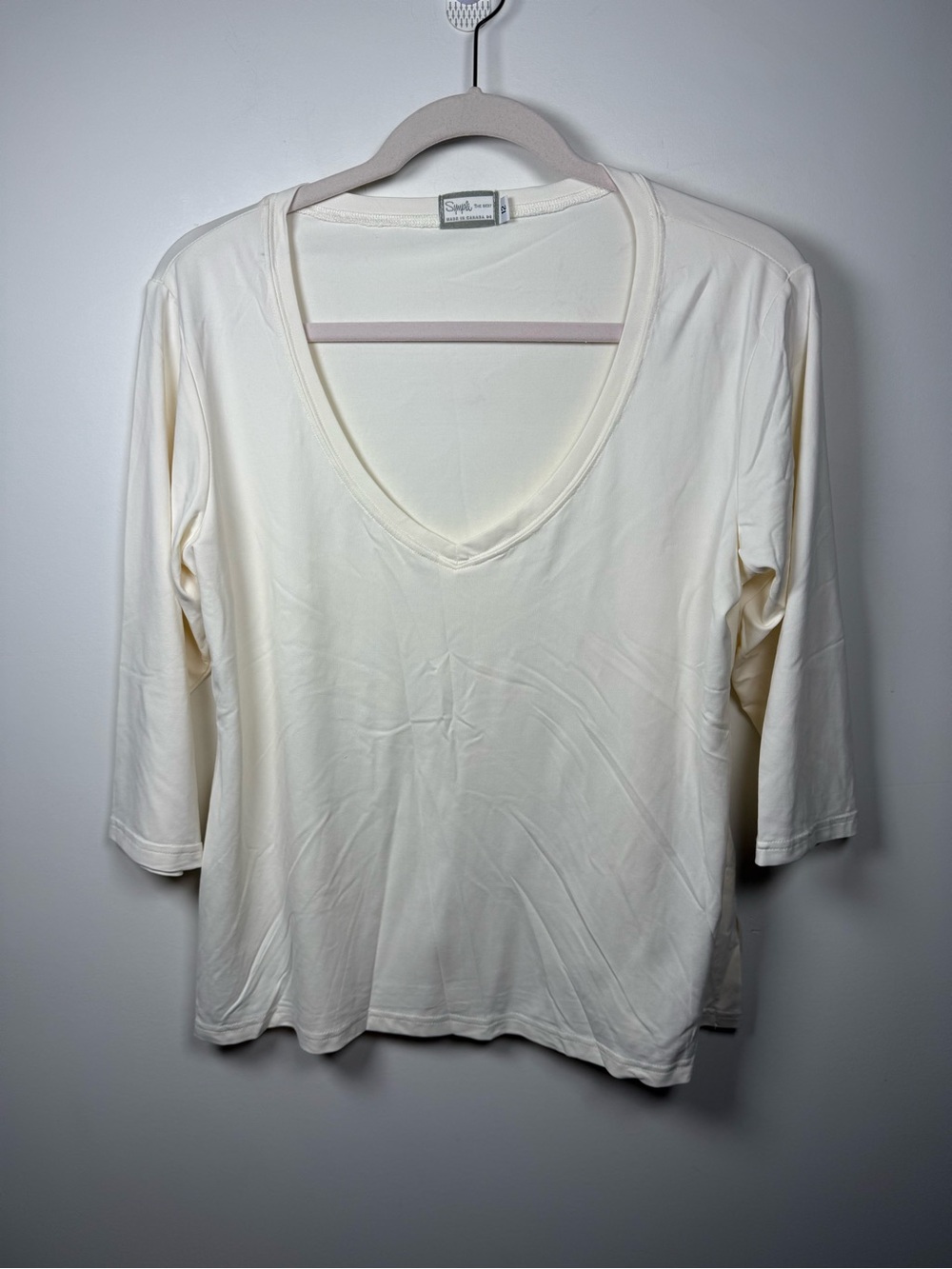 SYMPLI | Deep V-Neck 3/4 Sleeve Base Layer Top in Cream Size 12